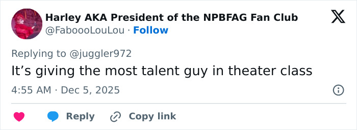 Tweet by Harley AKA President of the NPBFAG Fan Club mocking Noah Schnapp scene recreation amid Stranger Things backlash. Tweet by Harley AKA President of the NPBFAG Fan Club mocking Noah Schnapp scene recreation amid Stranger Things backlash.