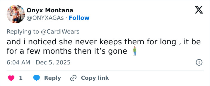 User tweet criticizing Cardi B's new neck and back piercings, mentioning she doesn't keep them for long. User tweet criticizing Cardi B's new neck and back piercings, mentioning she doesn't keep them for long.