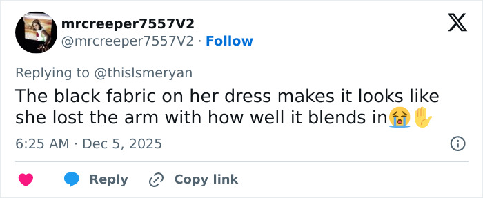 Twitter user commenting on a bizarre detail in a photo shared by Rebel Wilson featuring Ariana Grande's dress blending with her arm. Twitter user commenting on a bizarre detail in a photo shared by Rebel Wilson featuring Ariana Grande's dress blending with her arm.