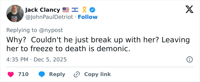Tweet discussing a woman abandoned by boyfriend who fatally froze on Austria’s highest peak, calling it demonic. Tweet discussing a woman abandoned by boyfriend who fatally froze on Austria’s highest peak, calling it demonic.