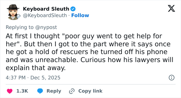 Tweet discussing the boyfriend who abandoned woman on Austrian mountain and his unreachable behavior after rescuers arrived