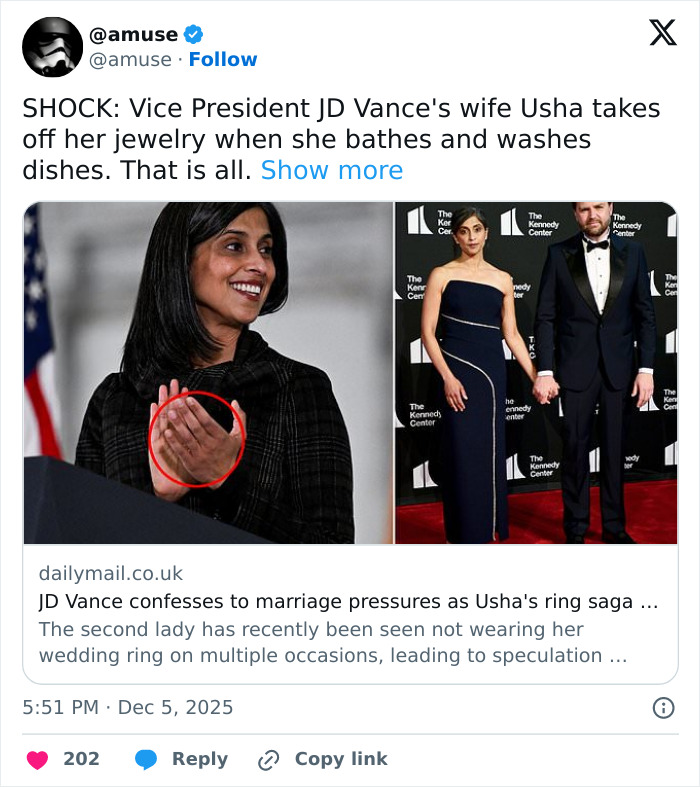 Usha Vance speaking at an event and posing on the red carpet with JD Vance amid marriage speculation.