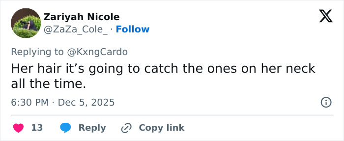 Screenshot of a tweet commenting on Cardi B’s new neck and back piercings and concerns about hair catching on them.