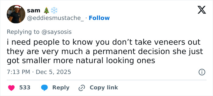 Tweet explaining veneers as a permanent dental decision, clarifying natural-looking smaller veneers for a youthful makeover.