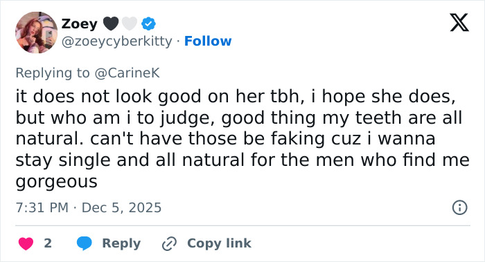 Tweet discussing natural teeth and reactions related to Miley Cyrus’s youthful glow and viral makeover.