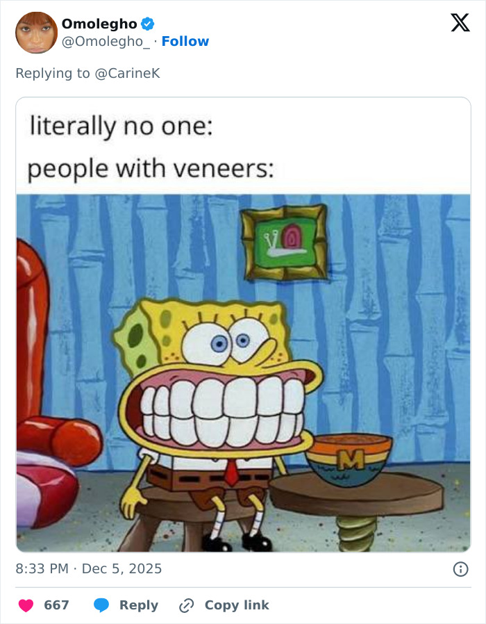 Cartoon character SpongeBob with an exaggerated smile showing large veneers, highlighting viral makeover and youthful glow. Cartoon character SpongeBob with an exaggerated smile showing large veneers, highlighting viral makeover and youthful glow.