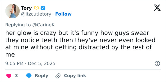 Screenshot of a tweet discussing Miley Cyrus’s youthful glow and viral makeover after her veneers were taken out.