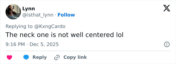 Screenshot of a Twitter reply commenting on Cardi B’s new neck and back piercings saying the neck one is not well centered. Screenshot of a Twitter reply commenting on Cardi B’s new neck and back piercings saying the neck one is not well centered.
