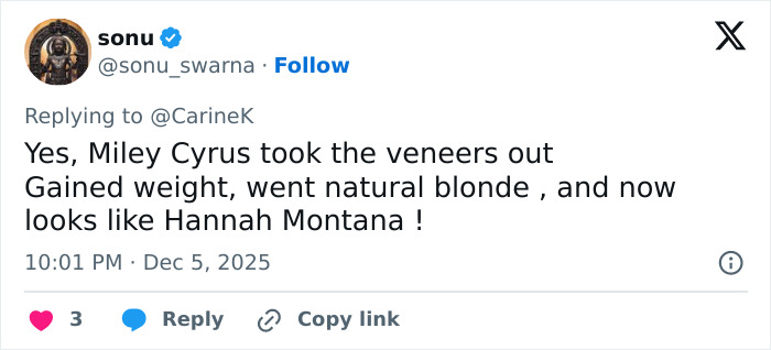 Social media post discussing Miley Cyrus’s viral makeover and her youthful glow after taking the veneers out. Social media post discussing Miley Cyrus’s viral makeover and her youthful glow after taking the veneers out.