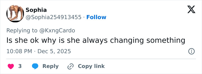 Tweet by user Sophia questioning why Cardi B is always changing something after getting new neck and back piercings amid backlash. Tweet by user Sophia questioning why Cardi B is always changing something after getting new neck and back piercings amid backlash.