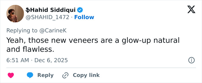 Tweet by $Hahid Siddiqui praising Miley Cyrus’s youthful glow and natural flawless viral makeover with new veneers. Tweet by $Hahid Siddiqui praising Miley Cyrus’s youthful glow and natural flawless viral makeover with new veneers.
