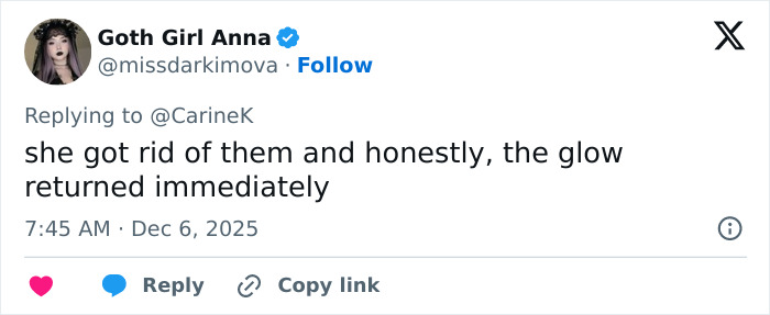 Tweet from Goth Girl Anna discussing Miley Cyrus’s youthful glow after removing veneers, sparking viral makeover frenzy.