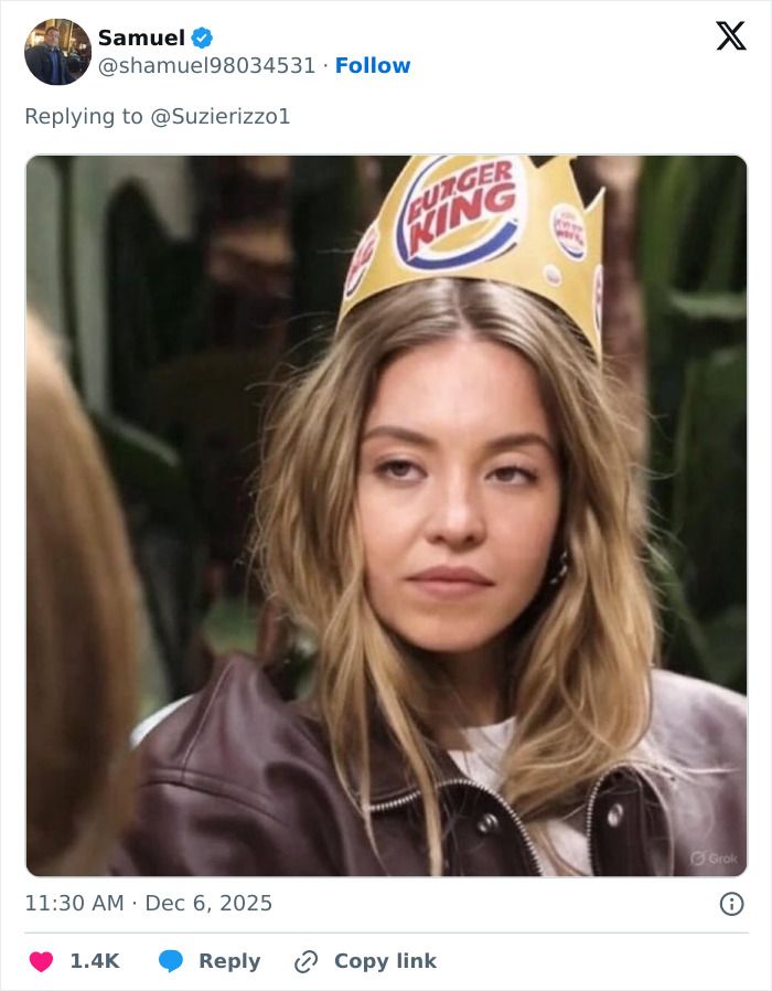 Young woman wearing a Burger King paper crown with a serious expression, related to Cinnabon worker's daughter controversy. Young woman wearing a Burger King paper crown with a serious expression, related to Cinnabon worker's daughter controversy.