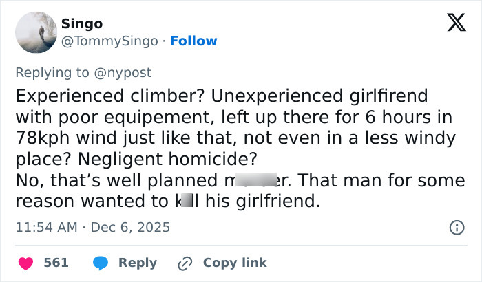 Tweet discussing woman abandoned by boyfriend leading to fatal freezing on Austria’s highest peak, highlighting negligence and intent. Tweet discussing woman abandoned by boyfriend leading to fatal freezing on Austria’s highest peak, highlighting negligence and intent.