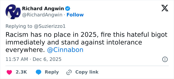 Tweet expressing outrage over Cinnabon worker's racist tirade against Somali couple, calling for immediate firing and intolerance stand. Tweet expressing outrage over Cinnabon worker's racist tirade against Somali couple, calling for immediate firing and intolerance stand.
