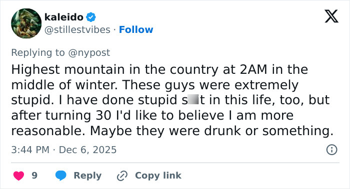 Tweet about stupidity on highest mountain at 2AM in winter, related to boyfriend who abandoned woman on Austrian mountain.