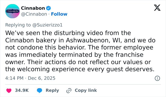 Cinnabon responds to racist tirade at Ashwaubenon bakery and addresses Somali couple incident. Cinnabon responds to racist tirade at Ashwaubenon bakery and addresses Somali couple incident.