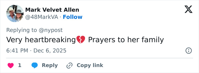 Tweet from Mark Velvet Allen expressing heartbreak and prayers for the woman abandoned to fatally freeze on Austria’s highest peak. Tweet from Mark Velvet Allen expressing heartbreak and prayers for the woman abandoned to fatally freeze on Austria’s highest peak.