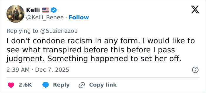 Tweet from Cinnabon worker’s daughter addressing racism claims after tirade against Somali couple, expressing concern and judgment delay. Tweet from Cinnabon worker’s daughter addressing racism claims after tirade against Somali couple, expressing concern and judgment delay.