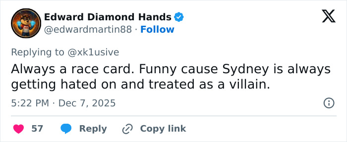 Screenshot of a tweet discussing Sydney Sweeney and media bias in viral video sparking racial double standards debate. Screenshot of a tweet discussing Sydney Sweeney and media bias in viral video sparking racial double standards debate.