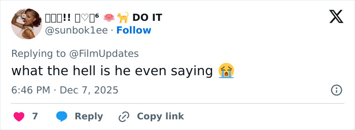 Tweet by user reacting with confusion and crying emoji to David Corenswet sparking outrage over 1950s perspective of masculinity.