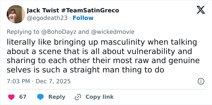 Tweet discussing masculinity and vulnerability in response to David Corenswet’s controversial 1950s perspective remarks.