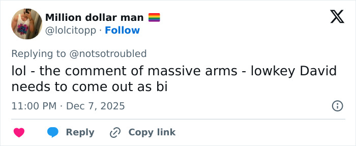 Tweet from user Million dollar man commenting on David Corenswet’s masculinity and speculating about his sexuality.