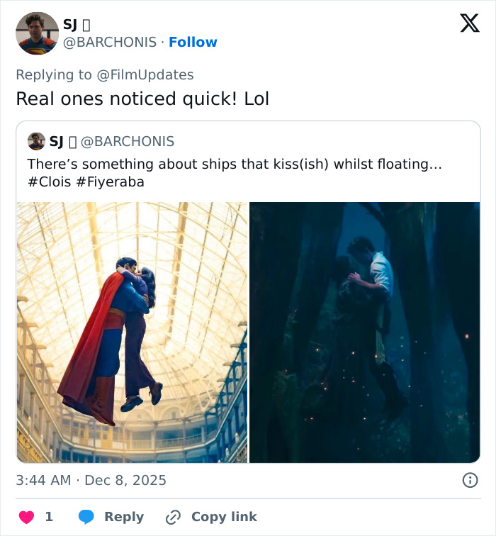 Two images of couples kissing with one featuring a man in a cape, highlighting David Corenswet masculinity debate.