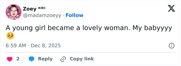 Tweet by Millie Bobby Brown fan reflecting on her growth from a girl to a woman amid latest sheer outfit debate. Tweet by Millie Bobby Brown fan reflecting on her growth from a girl to a woman amid latest sheer outfit debate.