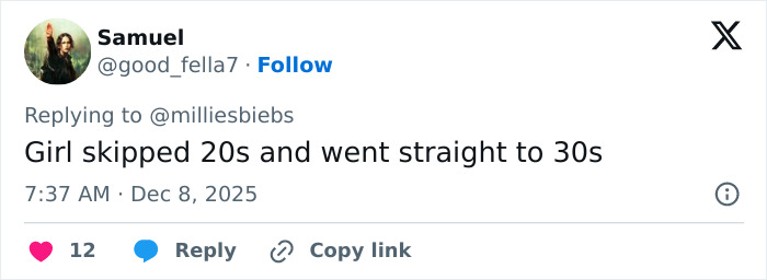 Screenshot of a tweet about Girl Skipped 20s, commenting on Millie Bobby Brown’s mature look in a sheer outfit. Screenshot of a tweet about Girl Skipped 20s, commenting on Millie Bobby Brown’s mature look in a sheer outfit.
