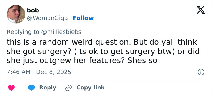 Screenshot of a social media comment discussing Millie Bobby Brown's changed appearance and fan reactions online. Screenshot of a social media comment discussing Millie Bobby Brown's changed appearance and fan reactions online.