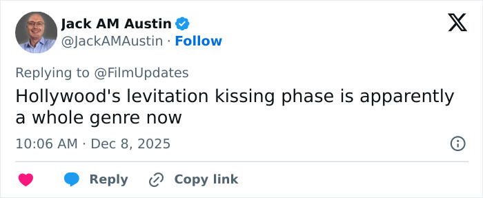 Tweet by Jack AM Austin commenting on Hollywood's levitation kissing phase as a new genre trending in entertainment.