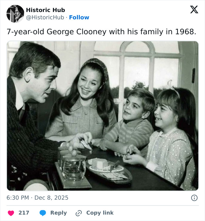 Black and white photo of young George Clooney with his family, reflecting on a heartfelt tribute after sister Ada's passing at 65. Black and white photo of young George Clooney with his family, reflecting on a heartfelt tribute after sister Ada's passing at 65.