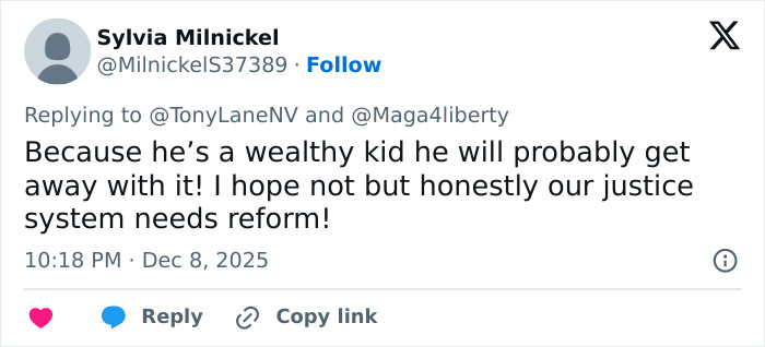 Screenshot of a tweet discussing a wealthy US student’s behavior and the need for justice system reform after an altercation. Screenshot of a tweet discussing a wealthy US student’s behavior and the need for justice system reform after an altercation.