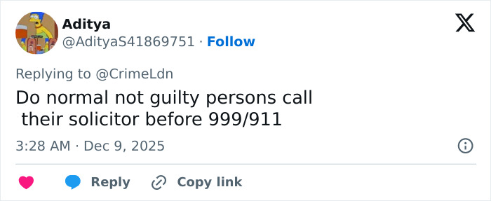 Tweet by Aditya questioning if not guilty persons call their solicitor before emergency services, related to wealthy US student behavior. Tweet by Aditya questioning if not guilty persons call their solicitor before emergency services, related to wealthy US student behavior.