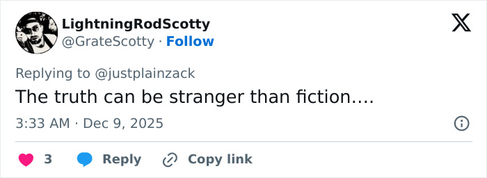 Tweet by LightningRodScotty stating the truth can be stranger than fiction, referring to woman claiming to be Miley Cyrus&rsquo; birth mother.