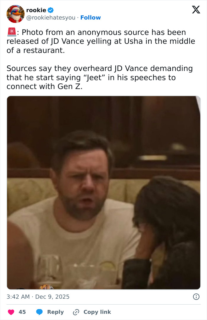 JD Vance and his wife Usha in a tense discussion at a restaurant amid public marriage speculation. JD Vance and his wife Usha in a tense discussion at a restaurant amid public marriage speculation.