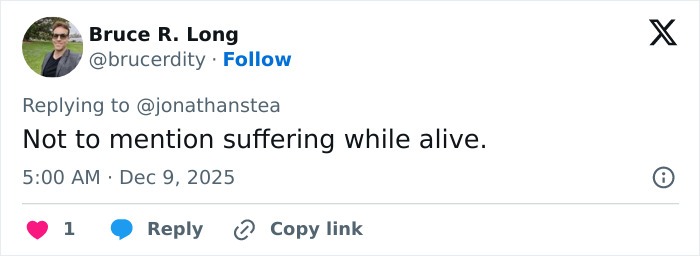 Tweet from Bruce R. Long expressing concern about suffering while alive in response to pseudoscience tragedy involving 5-month-old. Tweet from Bruce R. Long expressing concern about suffering while alive in response to pseudoscience tragedy involving 5-month-old.