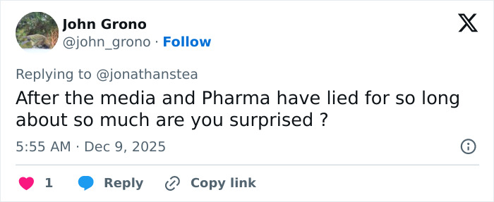 Tweet by John Grono criticizing media and pharma, highlighting dangers of pseudoscience leading to tragic consequences in infant care. Tweet by John Grono criticizing media and pharma, highlighting dangers of pseudoscience leading to tragic consequences in infant care.