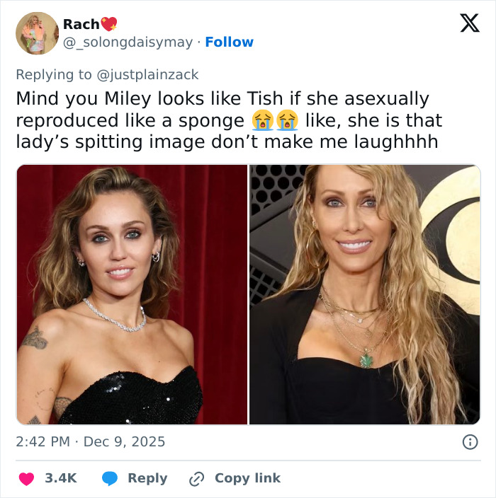 Side-by-side images of Miley Cyrus and a woman claiming to be Miley Cyrus’ true birth mother. Side-by-side images of Miley Cyrus and a woman claiming to be Miley Cyrus’ true birth mother.