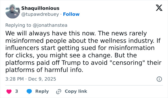 Screenshot of a tweet discussing misinformation and pseudoscience related to wellness and harmful info on social platforms. Screenshot of a tweet discussing misinformation and pseudoscience related to wellness and harmful info on social platforms.