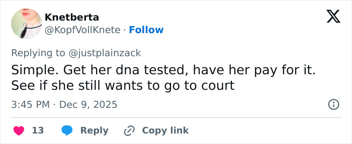 Tweet discussing a woman claiming to be Miley Cyrus&rsquo; true birth mother suggesting a DNA test and court action.