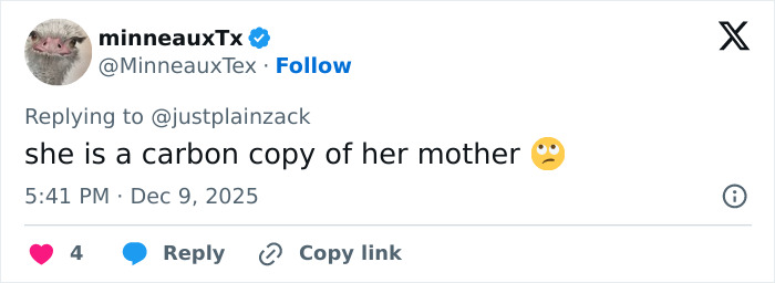 Tweet reply from user minneauxTx commenting on resemblance, related to woman claiming to be Miley Cyrus’ true birth mother. Tweet reply from user minneauxTx commenting on resemblance, related to woman claiming to be Miley Cyrus’ true birth mother.