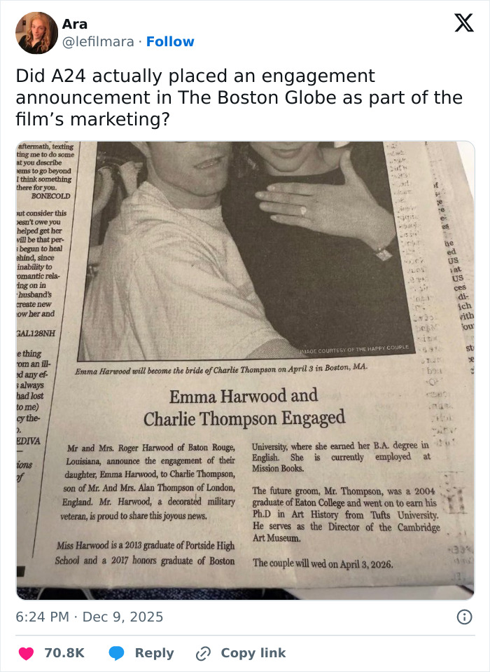 Black and white photo of engagement announcement in newspaper, highlighting Robert Pattinson and Zendaya viral engagement ad.