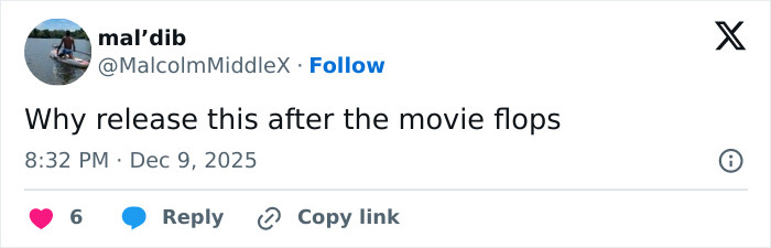 Twitter post by user mal’dib questioning why something was released after a movie flopped, reflecting on fan reactions. Twitter post by user mal’dib questioning why something was released after a movie flopped, reflecting on fan reactions.