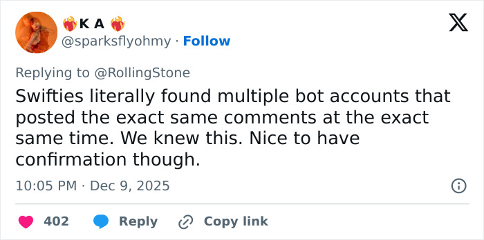Tweet discussing Swifties detecting bot accounts spreading fake conspiracy claims related to Taylor Swift coded white-nationalist messages. Tweet discussing Swifties detecting bot accounts spreading fake conspiracy claims related to Taylor Swift coded white-nationalist messages.