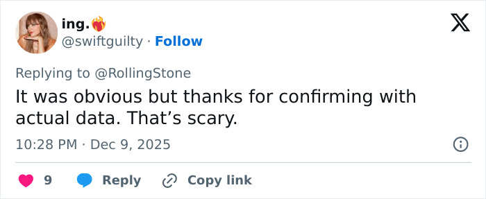 Twitter user replying to a conspiracy claim about Taylor Swift using coded white-nationalist messages, calling it scary.