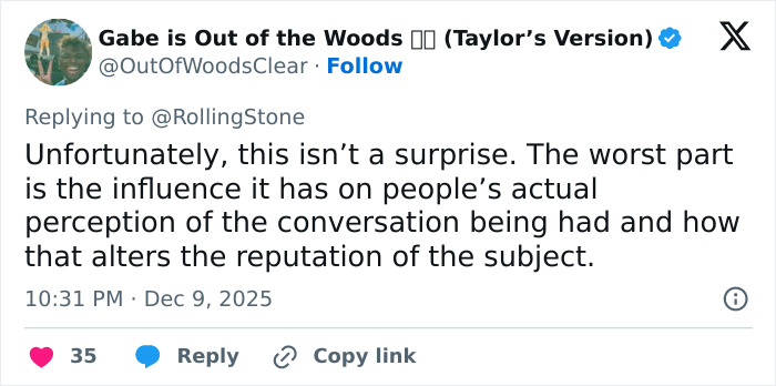 Tweet discussing the impact of fake conspiracy claims involving Taylor Swift and coded white-nationalist messages.