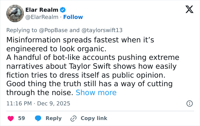 Tweet discussing misinformation and bot accounts spreading false conspiracy claims involving Taylor Swift and coded white-nationalist messages.