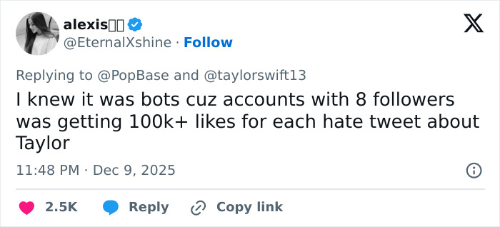 Tweet discussing bots amplifying hate tweets about Taylor Swift amid fake white-nationalist conspiracy claims. Tweet discussing bots amplifying hate tweets about Taylor Swift amid fake white-nationalist conspiracy claims.